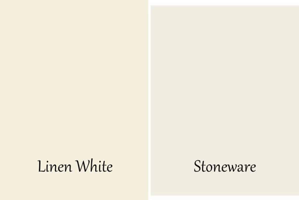 A side by side swatch of Linen White and Stoneware by Benjamin Moore.