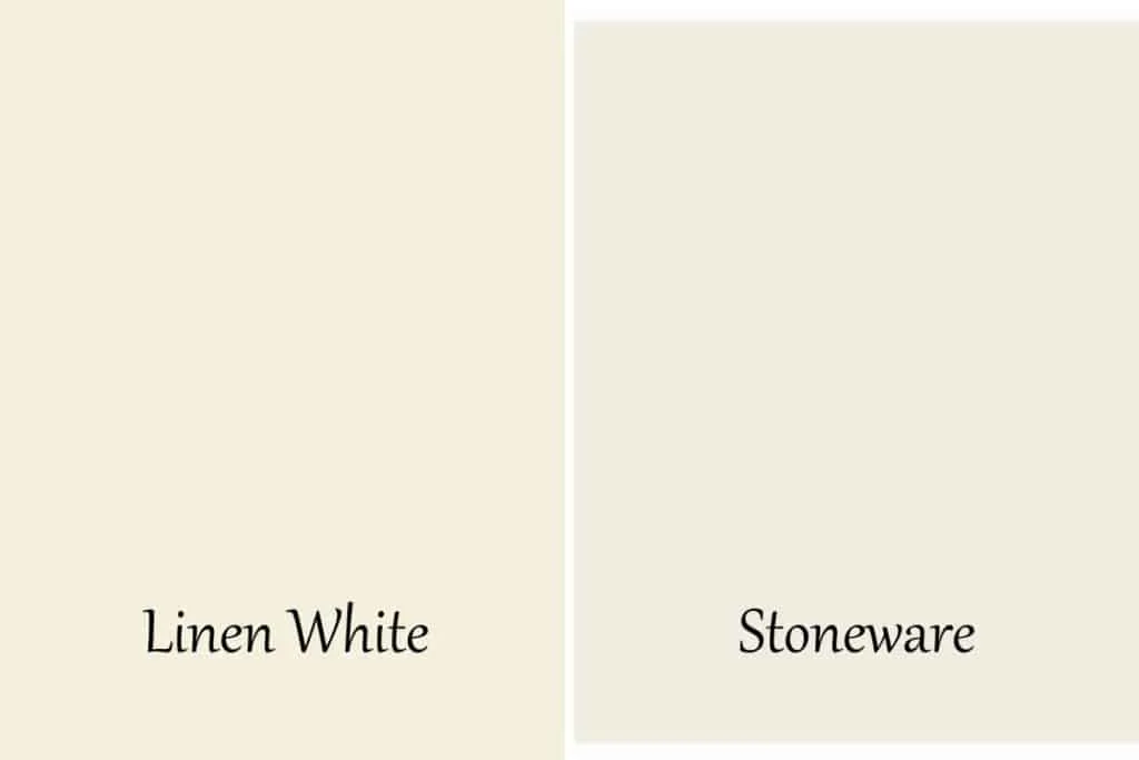 A side by side swatch of Linen White and Stoneware by Benjamin Moore.