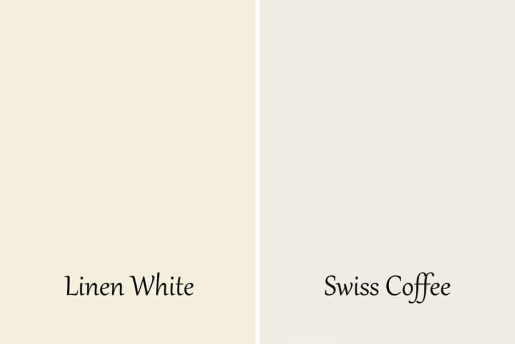 A side by side of Linen White and Swiss Coffee by Benjamin Moore.