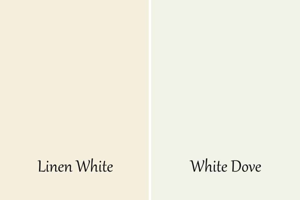 A side by side of Linen White and White Dove by Benjamin Moore.