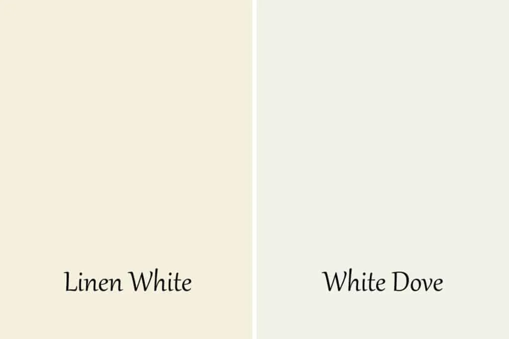 A side by side of Linen White and White Dove by Benjamin Moore.