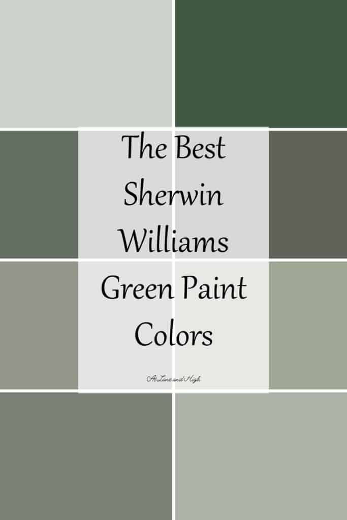 This is a grid of eight green paint colors from Sherwin Williams with text overlay.