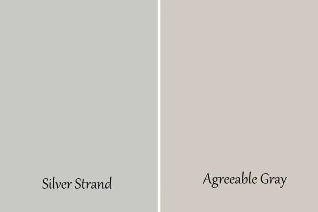 A side by side of Silver Strand and Agreeable Gray.