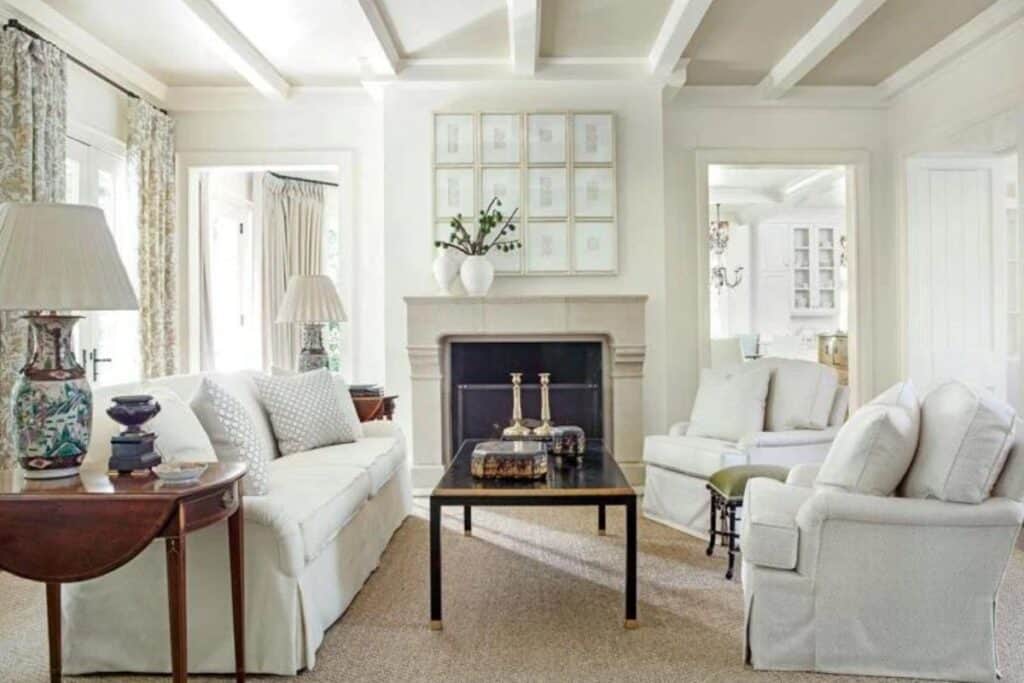 A monochromatic family room with Linen White on the walls.