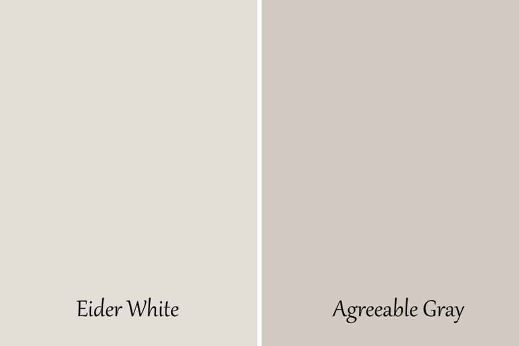 A side by side of Eider White and Agreeable Gray with text overlay.