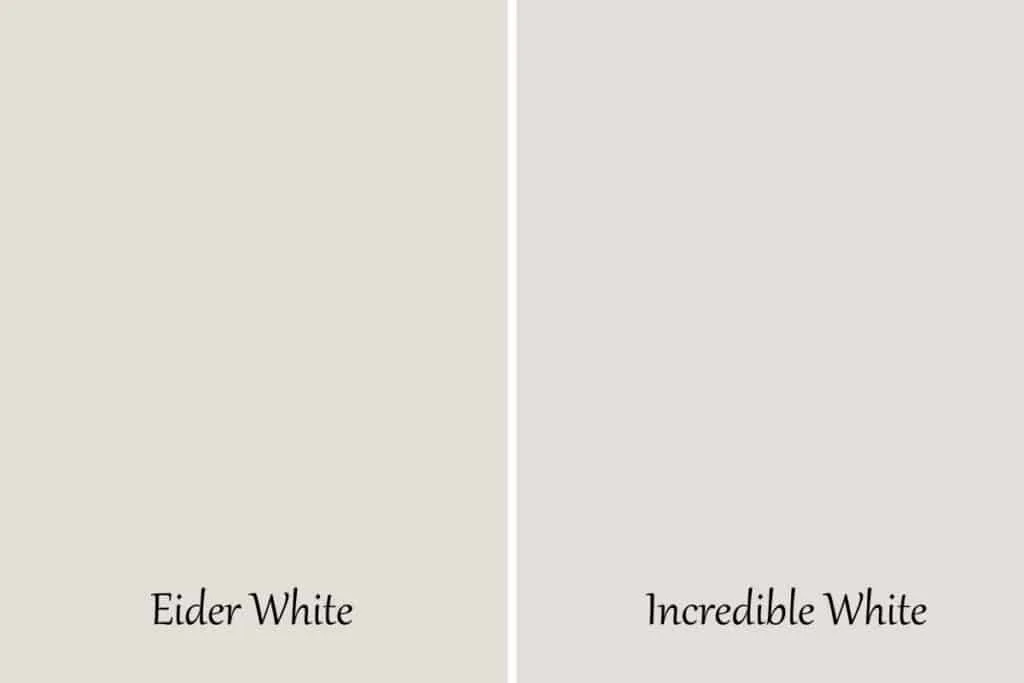 A side by side of Eider White and Incredible White with text overlay.