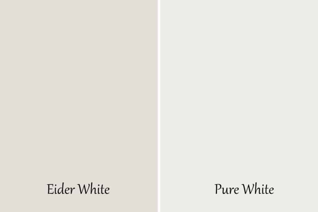 A side by side of Eider White and Pure White with text overlay.