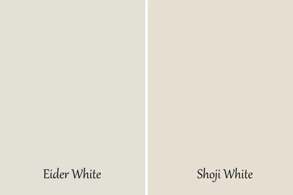 A side by side of Eider White and Shoji White with text overlay.