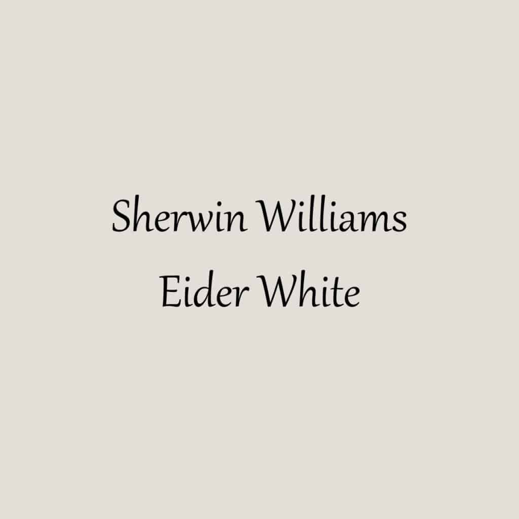 A swatch of Sherwin Williams Eider White with text overlay.