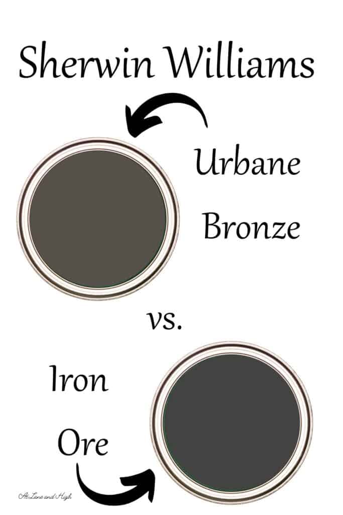 A swatch of Sherwin Williams Urbane Bronze and Iron Ore with text overlay.