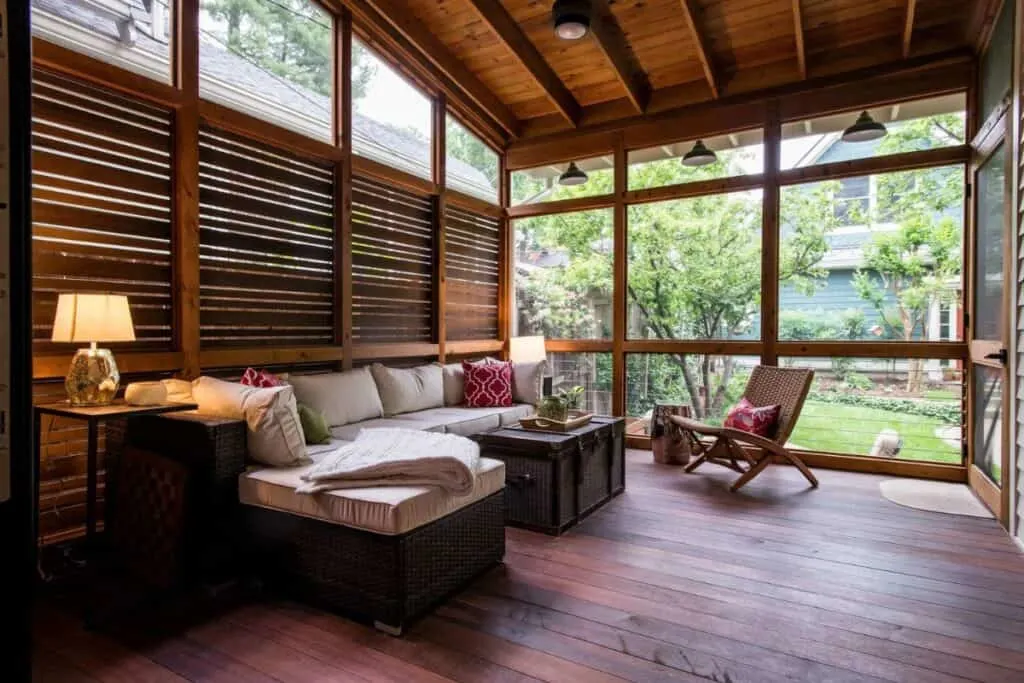 A dark wood screened in porch with a privacy wall behind the sectional.