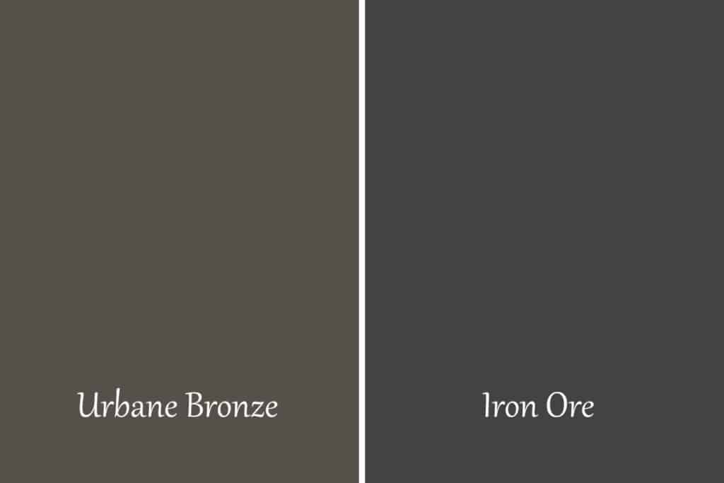 A side by side comparison of Sherwin Williams Urbane Bronze vs Iron Ore.