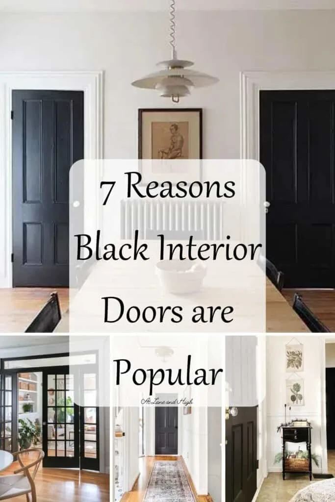 A grid of three photos of black interior doors with text overlay.