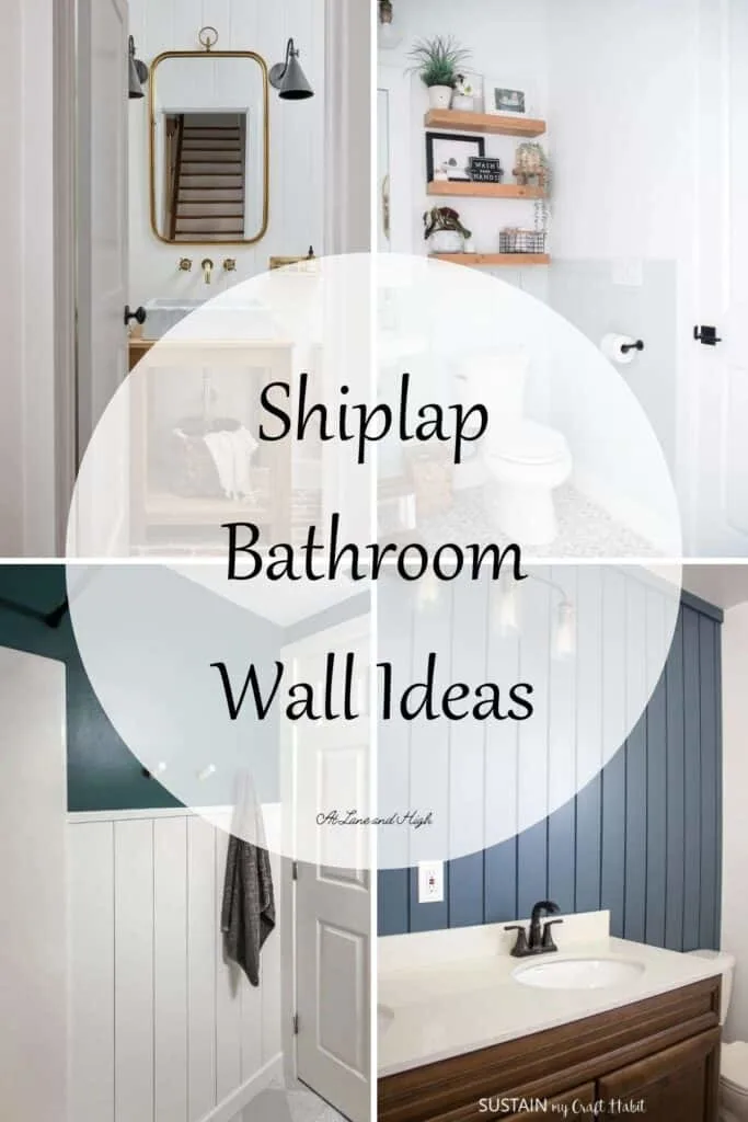 A grid of four shiplapped bathrooms with text overlay.