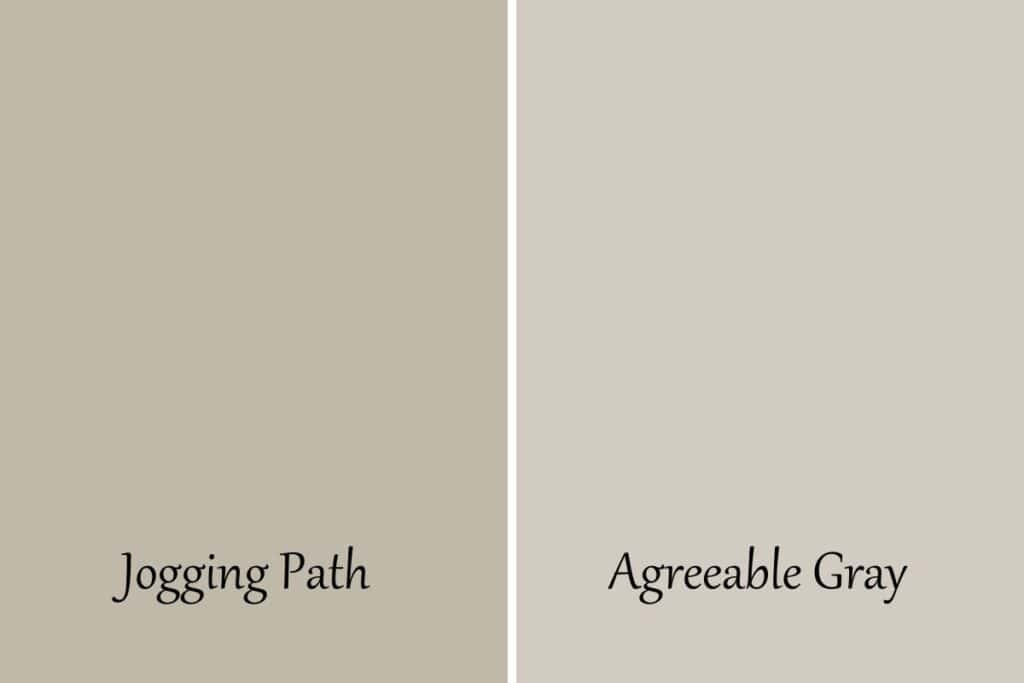 A side by side of Jogging Path and Agreeable Gray.