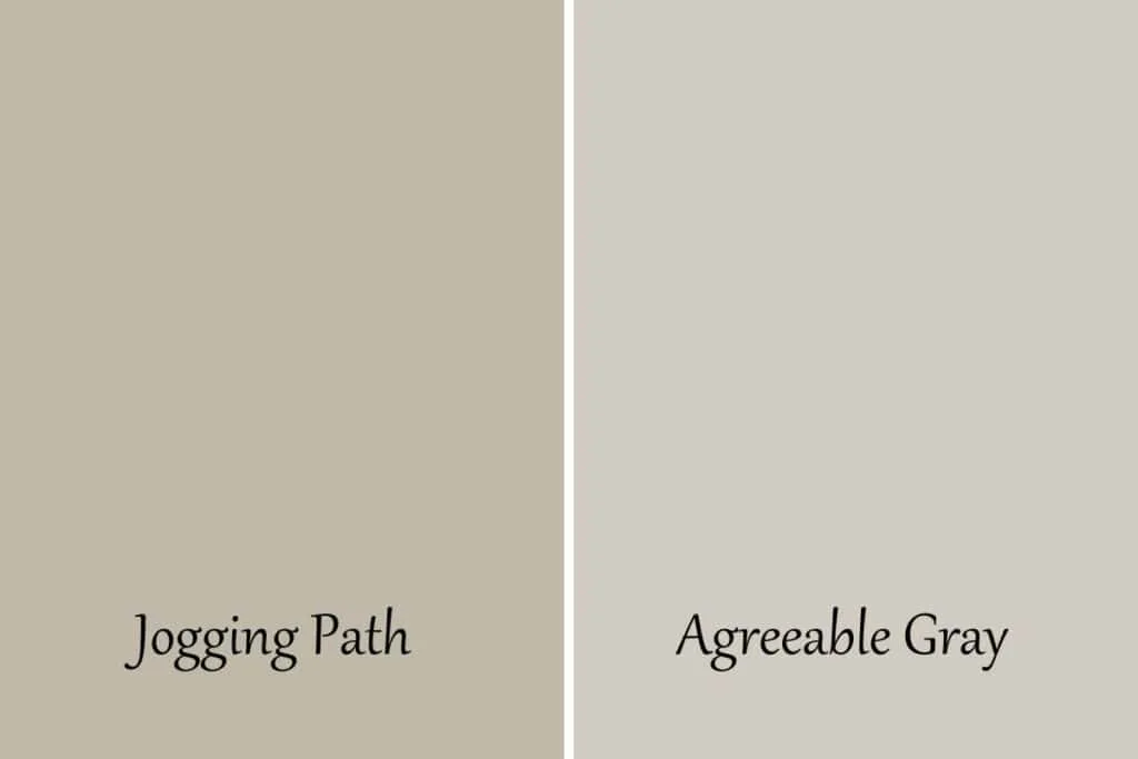 A side by side of Jogging Path and Agreeable Gray.