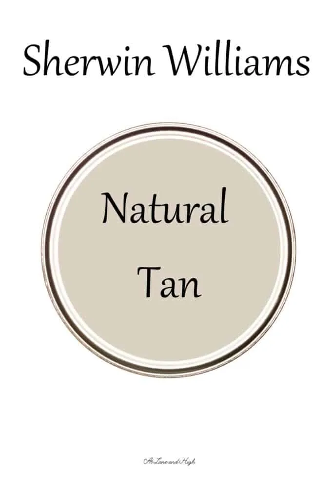 The view of the top of a paint can of Sherwin Willians Natural Tan with text overlay.