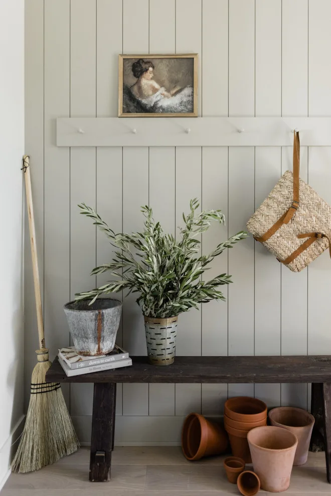 A mudroom with vertical shiplap painted with Jogging Path, a basket hanging from pegs, a galvanized bucket, another galvanized olive bucket with olive branches and terra cotta puts on the floor under a bench;.