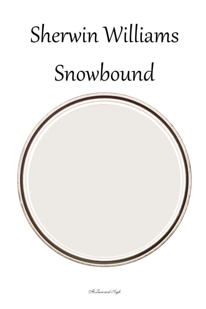 The view of the top of a paint can of Sherwin Williams Snowbound and text.