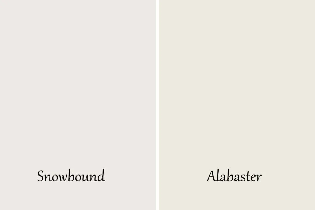 A side by side of Snowbound and Alabaster with text overlay.