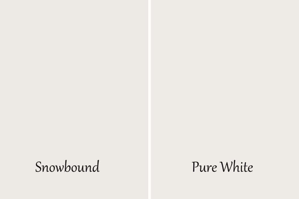 A side by side of Sherwin Williams Snowbound and Pure White with text overlay.