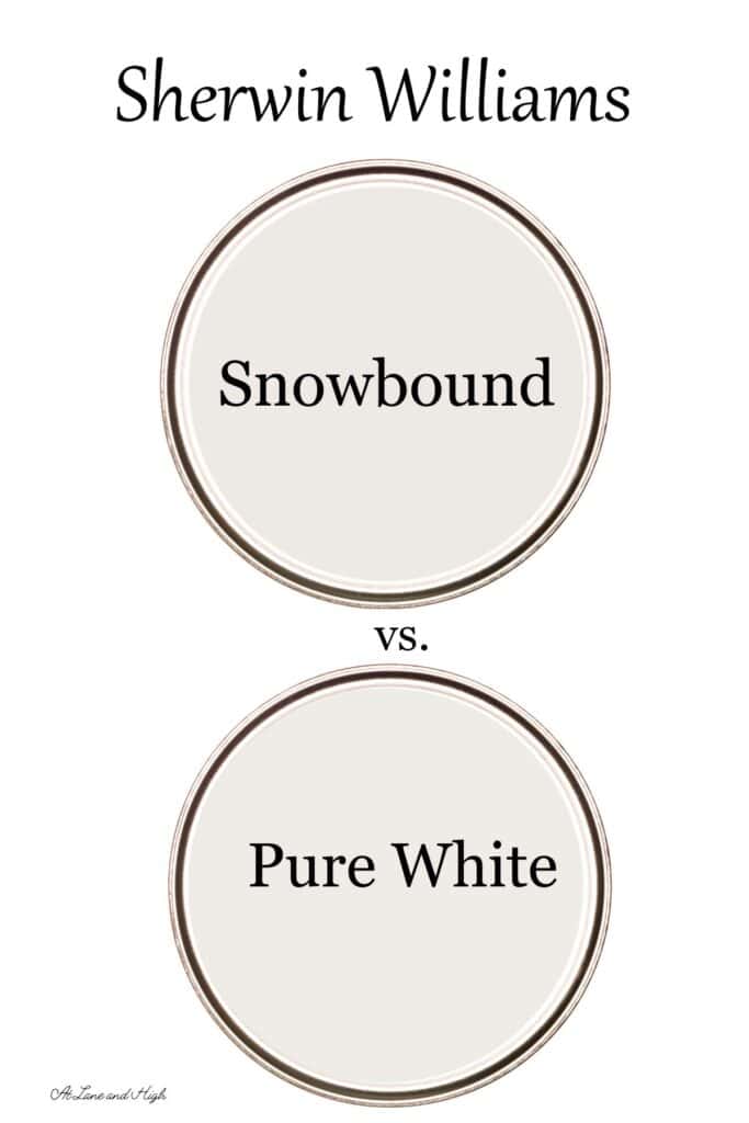 A side by side of Sherwin Williams Snowbound and Pure White with text overlay.