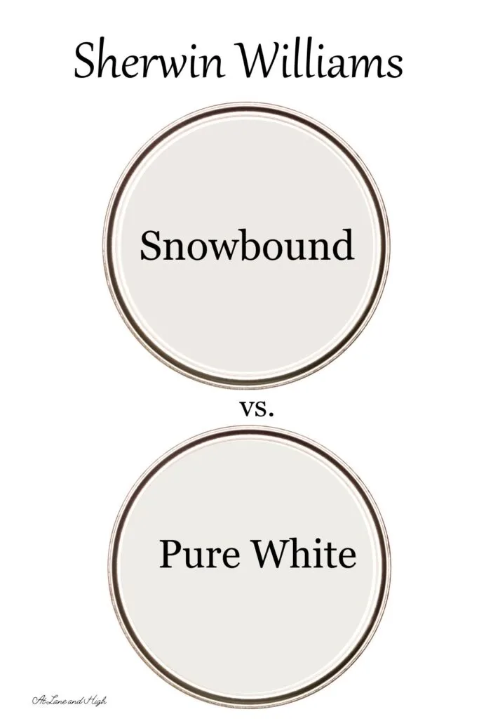 A side by side of Sherwin Williams Snowbound and Pure White with text overlay.