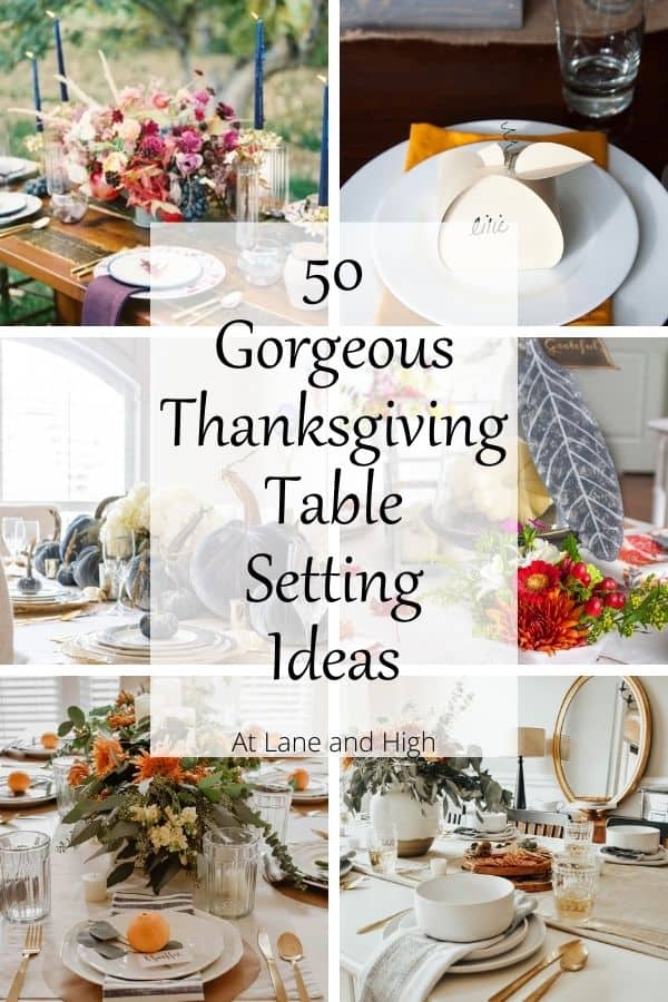 A grid of 6 different table settings for Thanksgiving with text overlay.