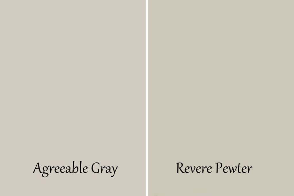 A side by side of Agreeable Gray and Revere Pewter with text overlay.