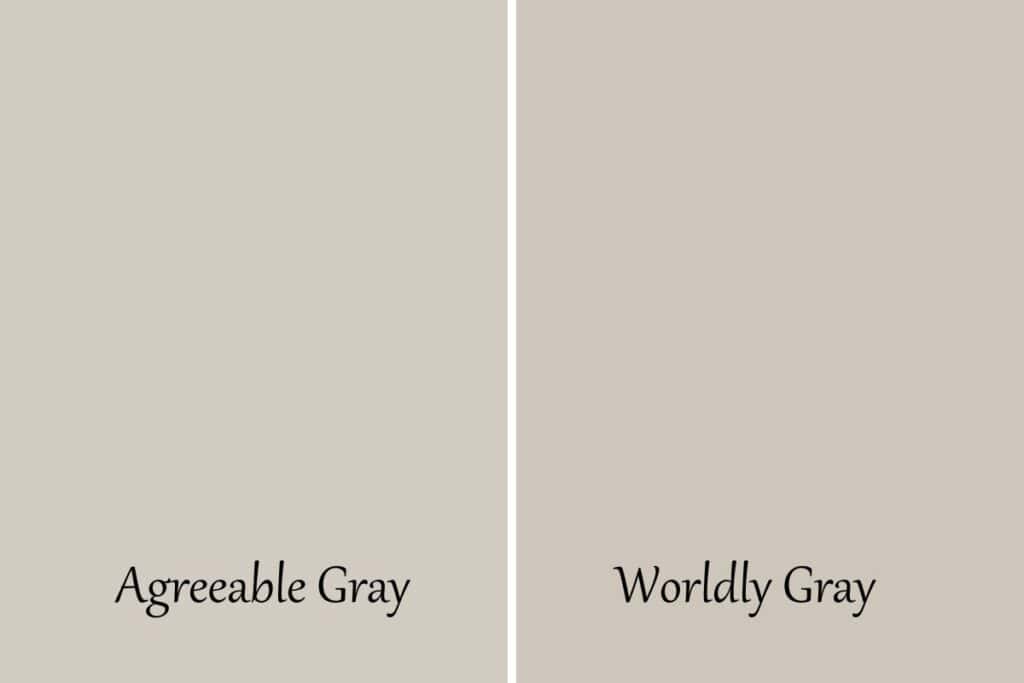 A sidey by side of Agreeable Gray and Worldly Gray with Text overlay.