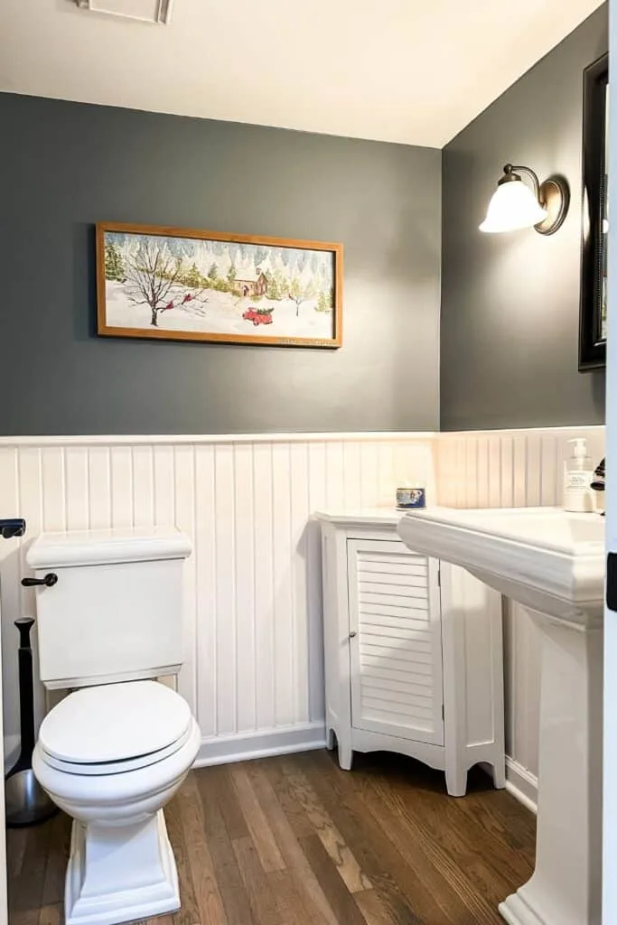 Powder room with white vertical wainscoting and dark blue gray above with a framed print of a winter scene and a red truck with a christmas tree in the bed.
