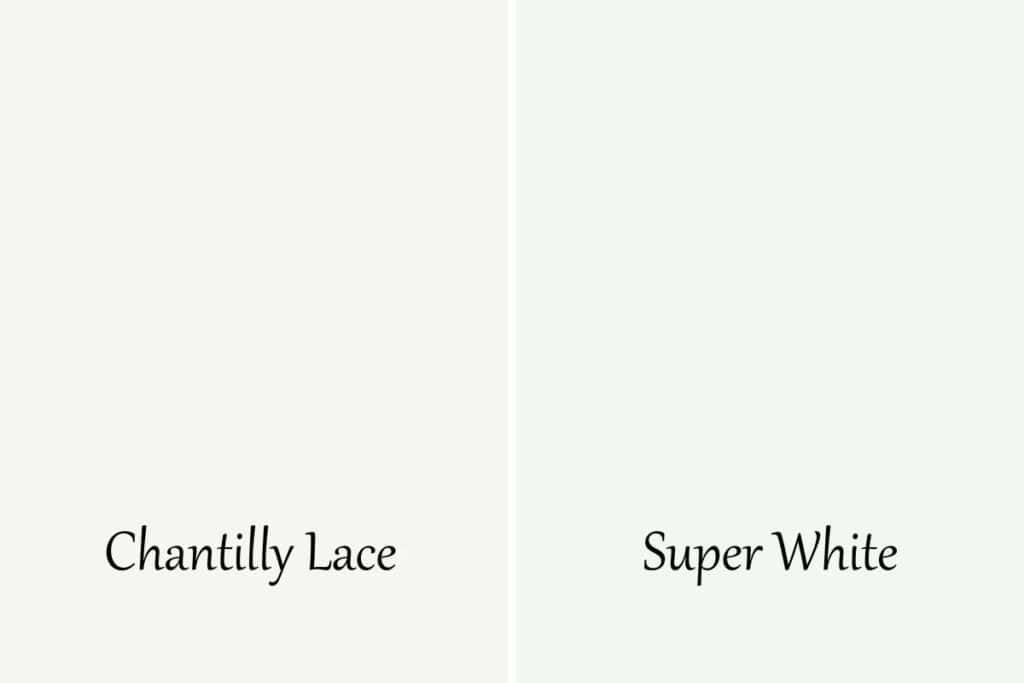 A side by side of Chantilly Lace and Super White.