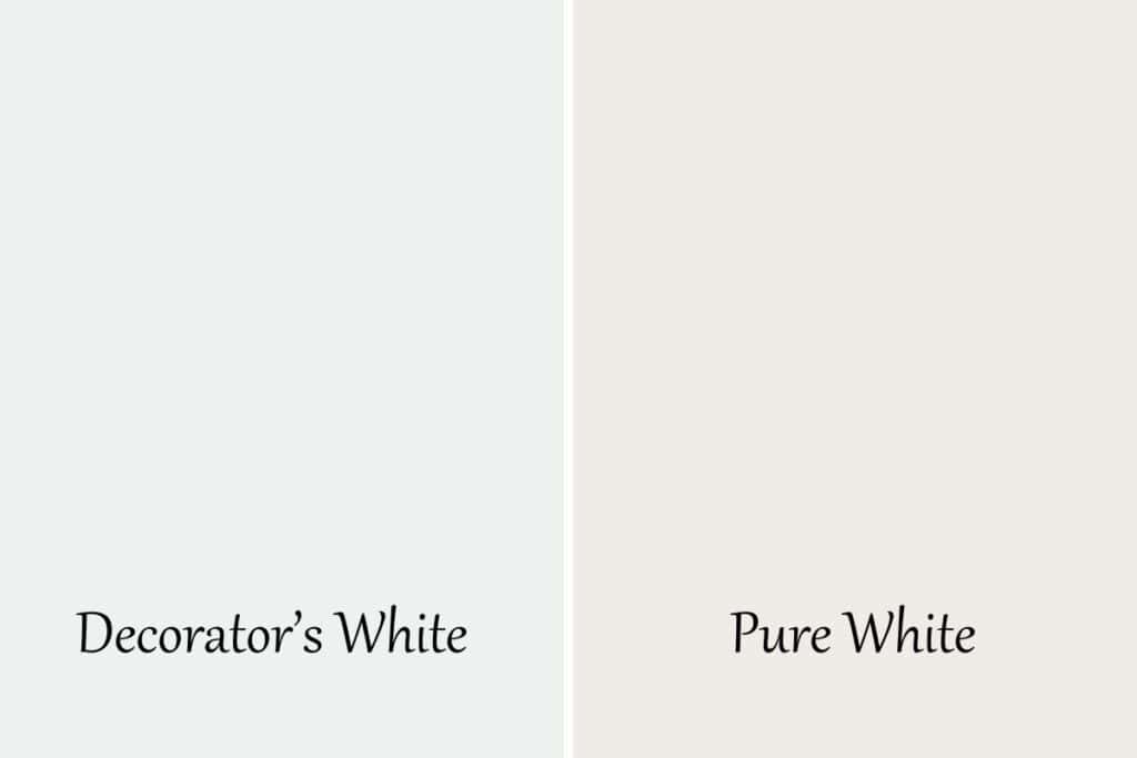 A sidy by side of Decorator's Whtie and Pure White.