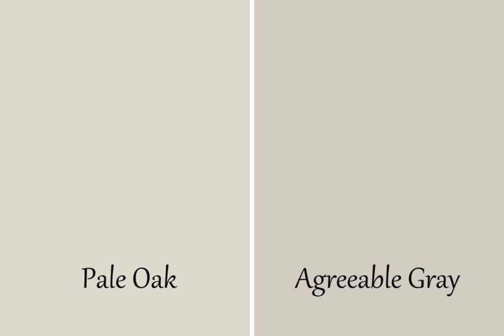 A side by side of Pale Oak and Agreeable Gray with text overlay.