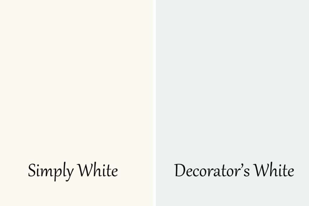 A side by side of Decorator's White and Simply White.