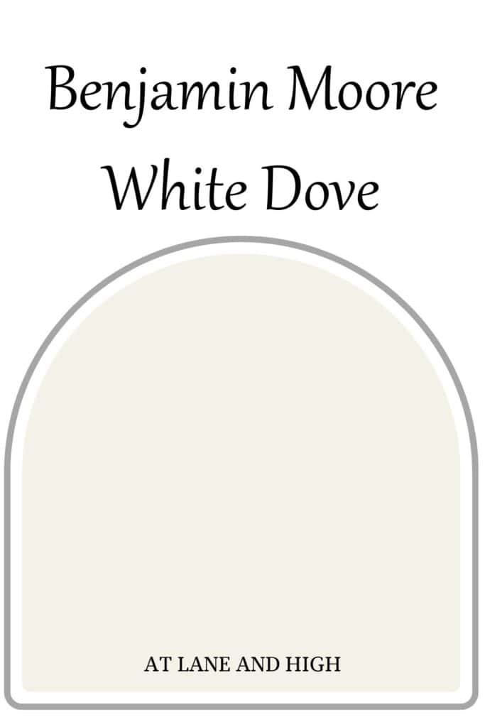 A swatch of Benjamin Moore White Dove and text overlay.