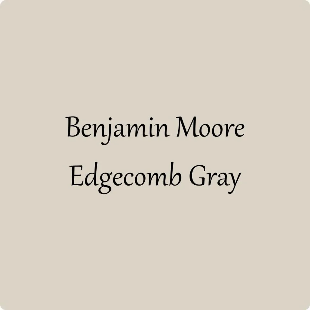 A swatch of benjamin moore edgecomb gray with text overaly.