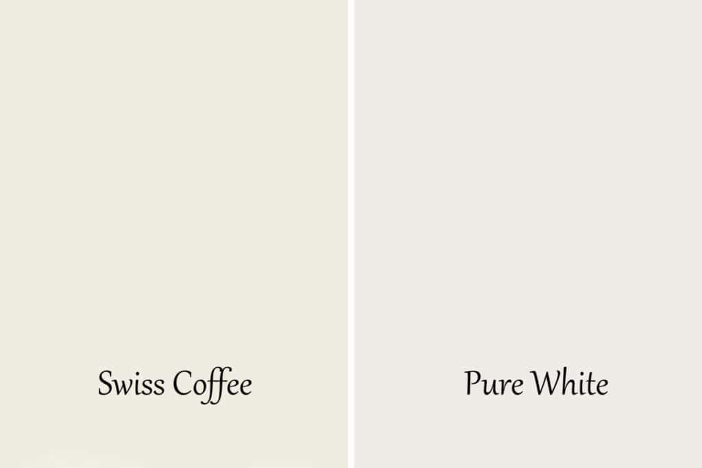 A side by side of Swiss Coffee and Pure White.