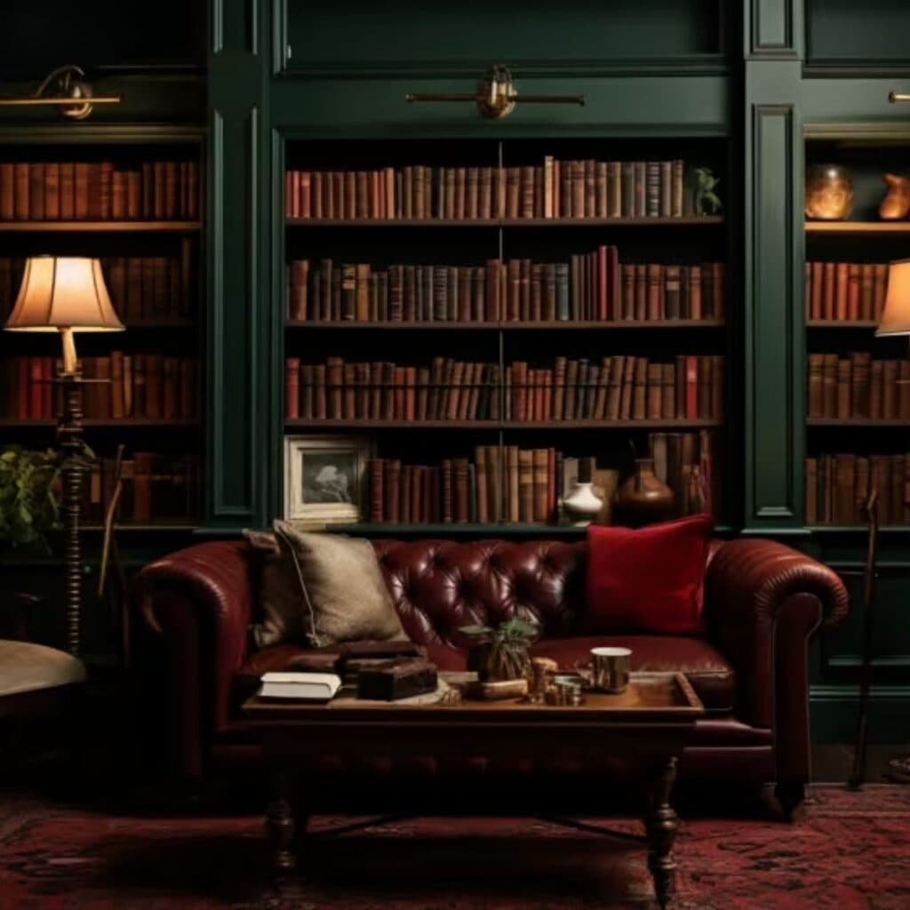 A library with dark green walls and moldings, a burgundy leather tufted sofa and a dark red carpet with a wood coffee table.