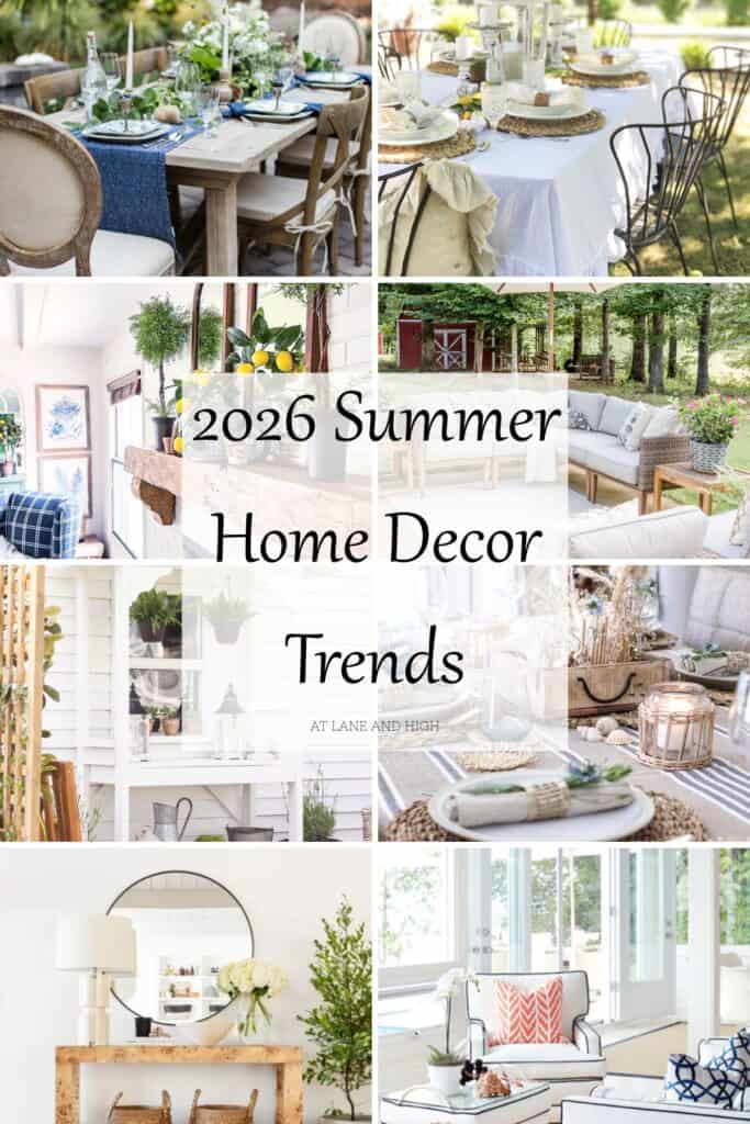 A grid of eight summer home decor spaces with text overlay.