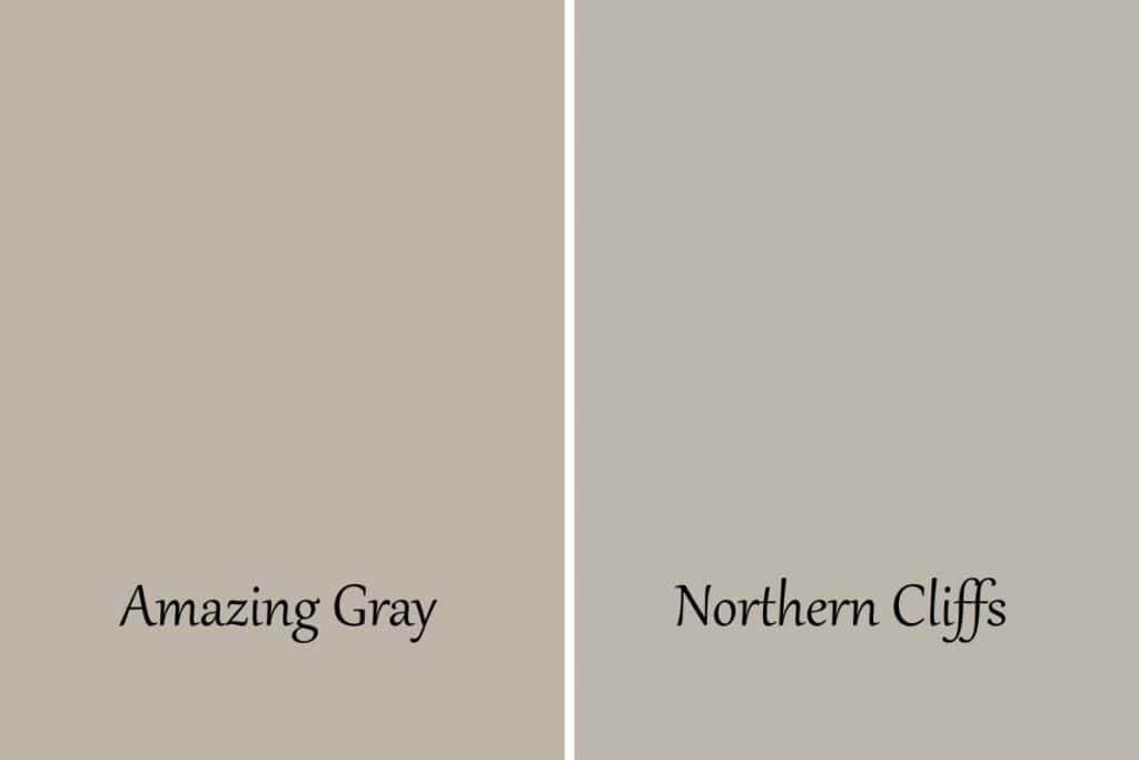 A side by side of Amazing Gray and Northern Cliffs with text overlay.