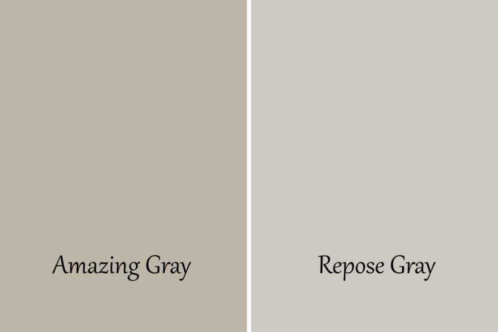A side by side of Amazing Gray and Repose Gray with text overlay.