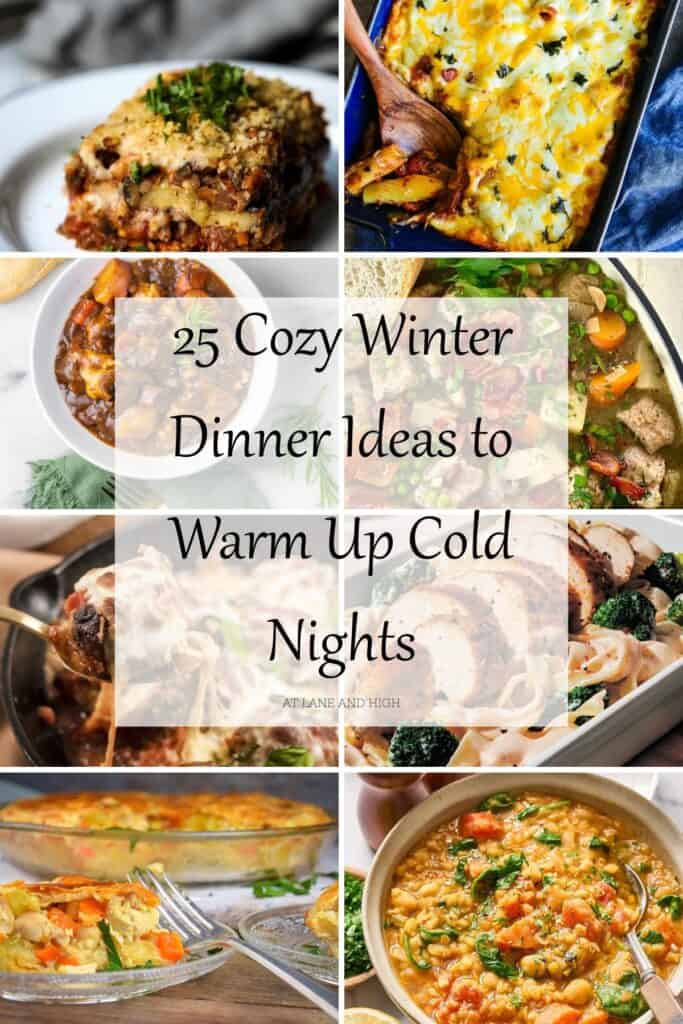 A grid of 8 dinner recipes with text overlay.