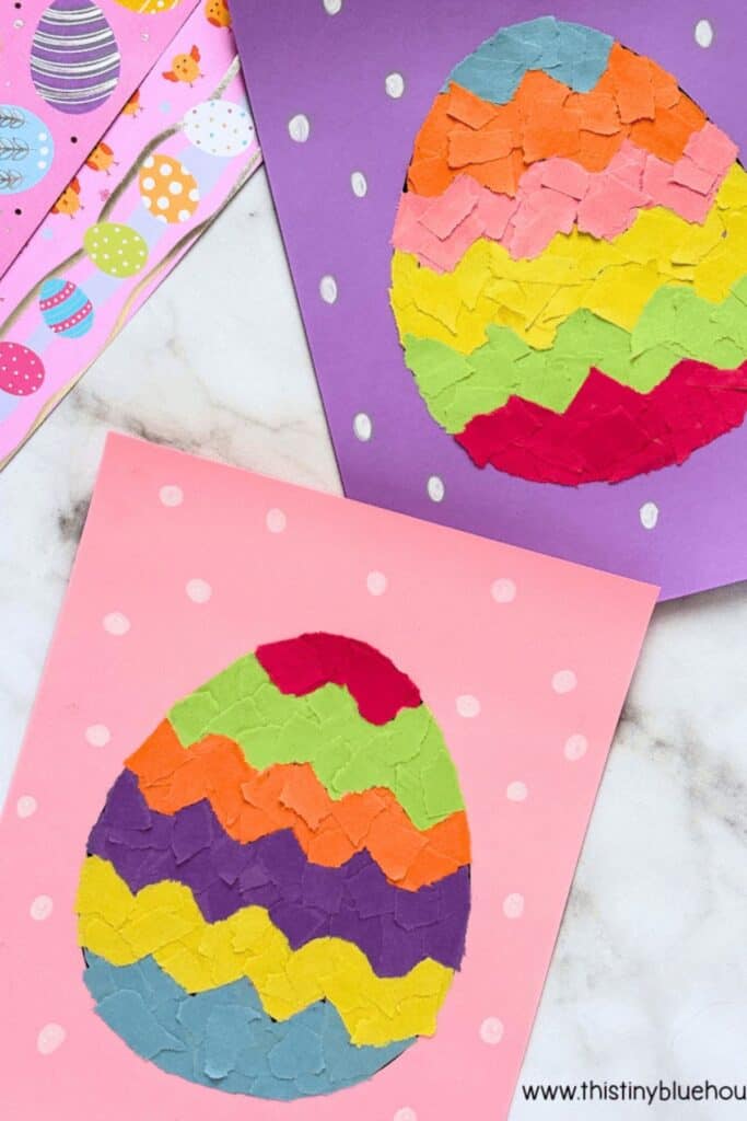 Eggs crafted from torn paper in various colors.