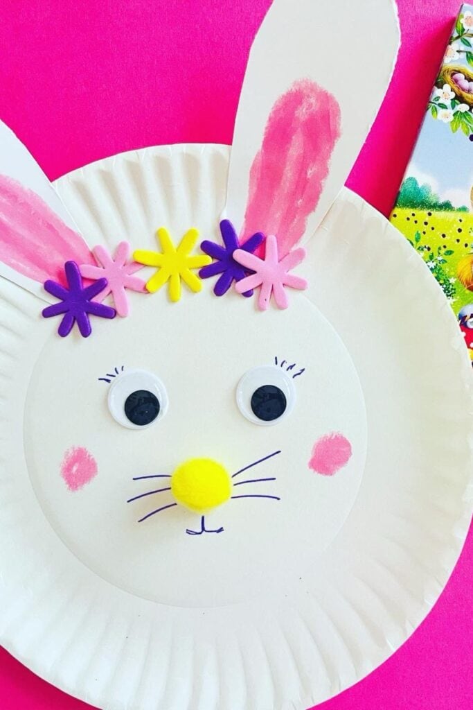 A paper plate crafted to look like a bunny.
