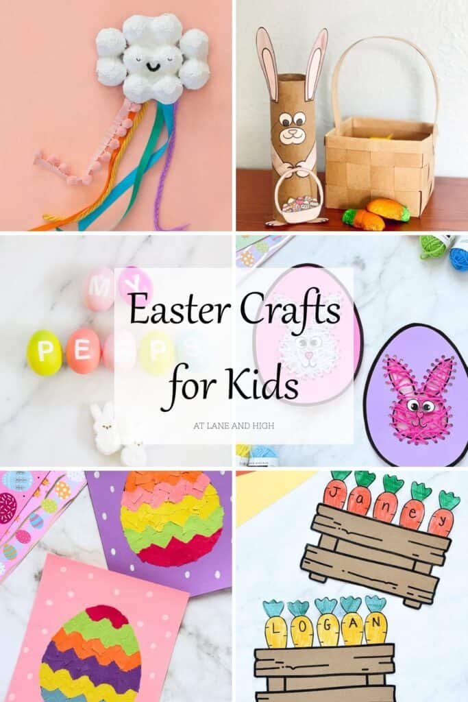 A grid of six easter crafts with text overlay.