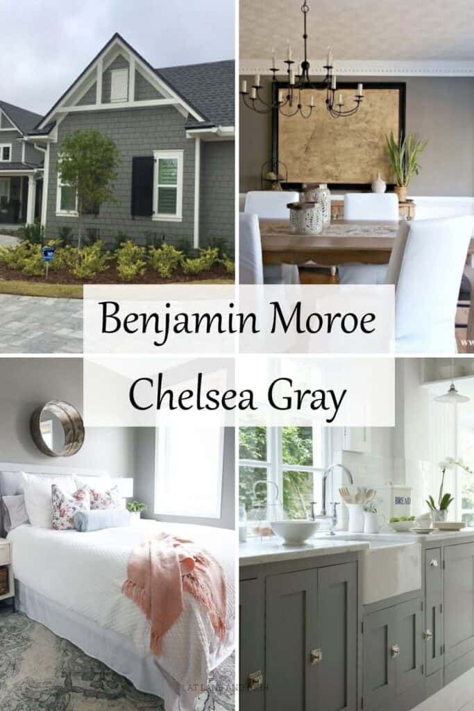 A grid of four houses with various rooms painted in Chelsea Gray by Benjamin Moore and text overlay.