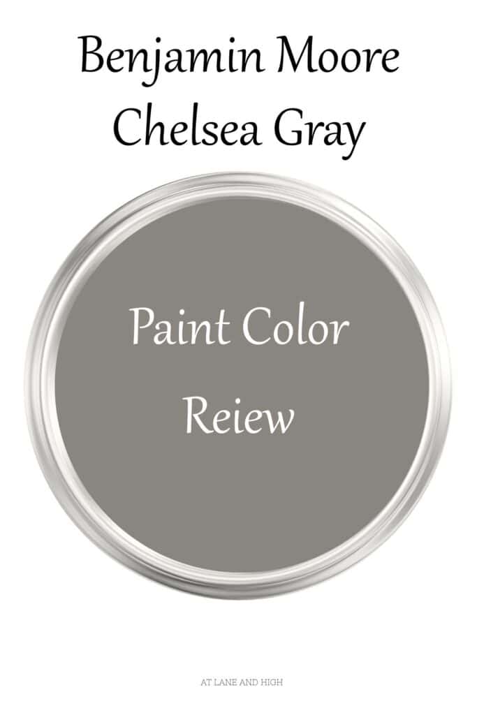 The view of the top of a paint can with Chelsea gray in it and text overlay.