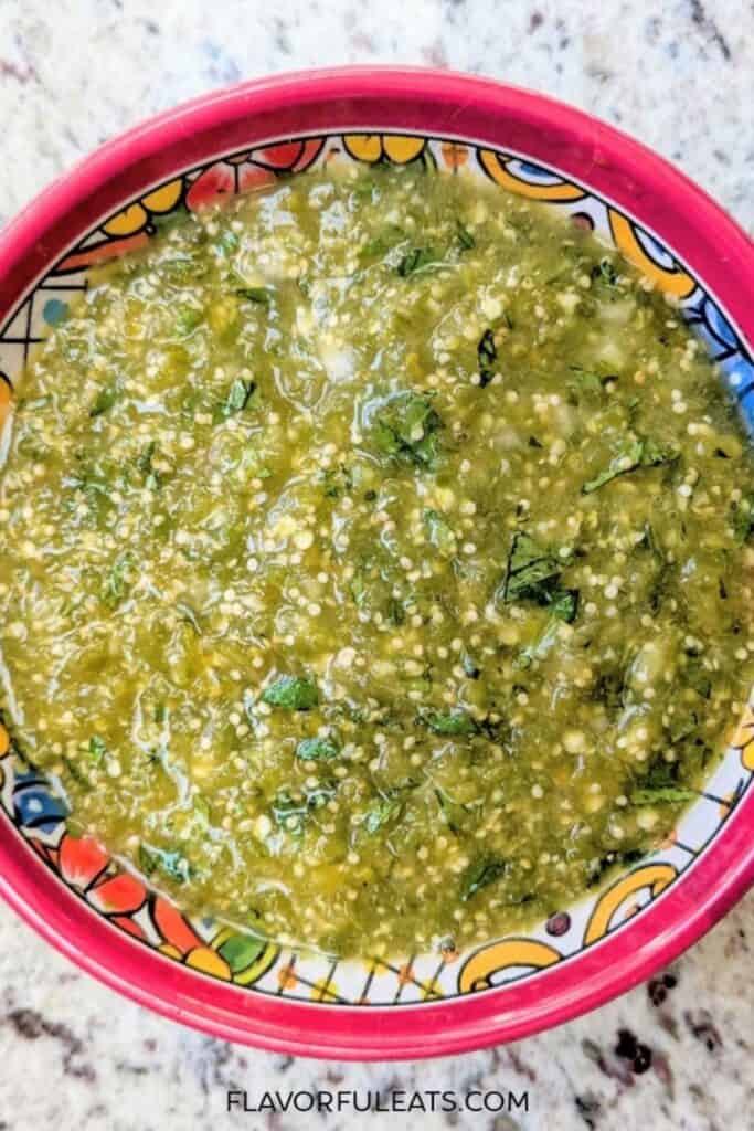 Serrano salsa in a colorful bowl.