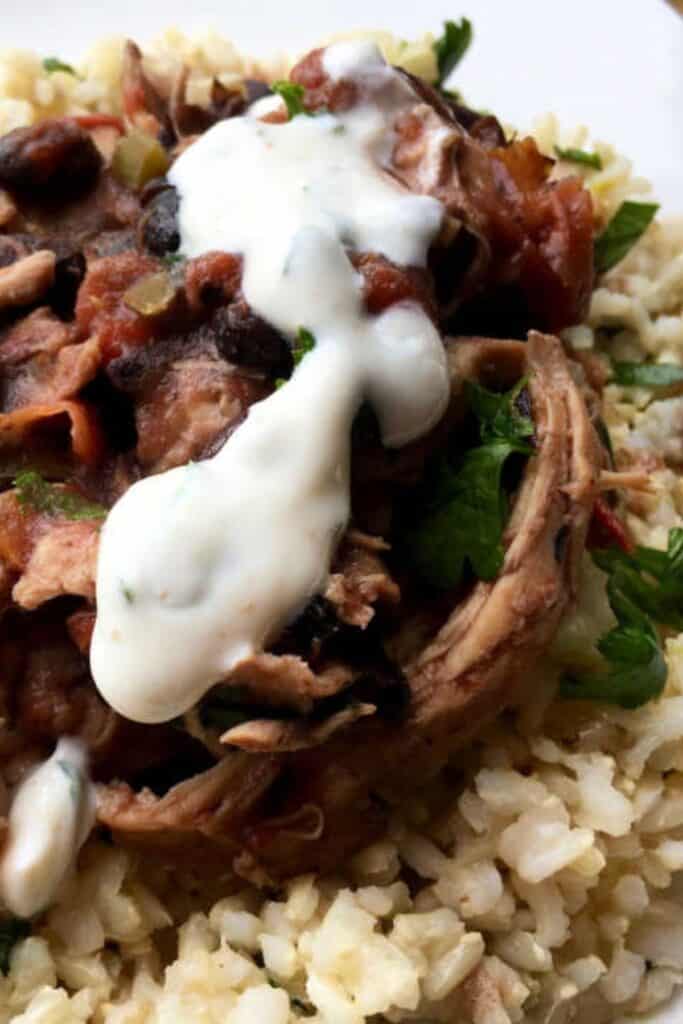 Shredded mexican chicken on rice with a white cream sauce.